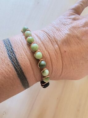 Hand Crafted Green Bead Bracelet with Copper Wrap